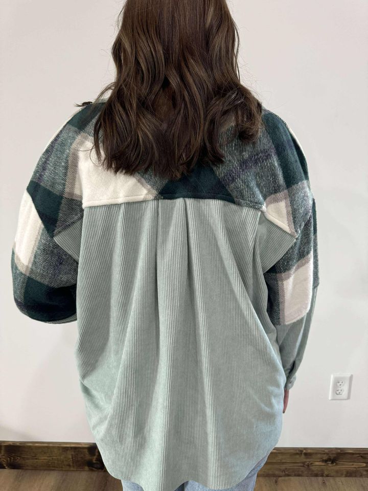 Green Plaid Patchwork Plus Size Corduroy Shacket