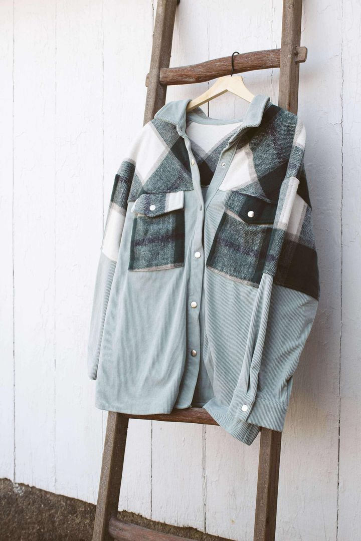 Green Plaid Patchwork Plus Size Corduroy Shacket