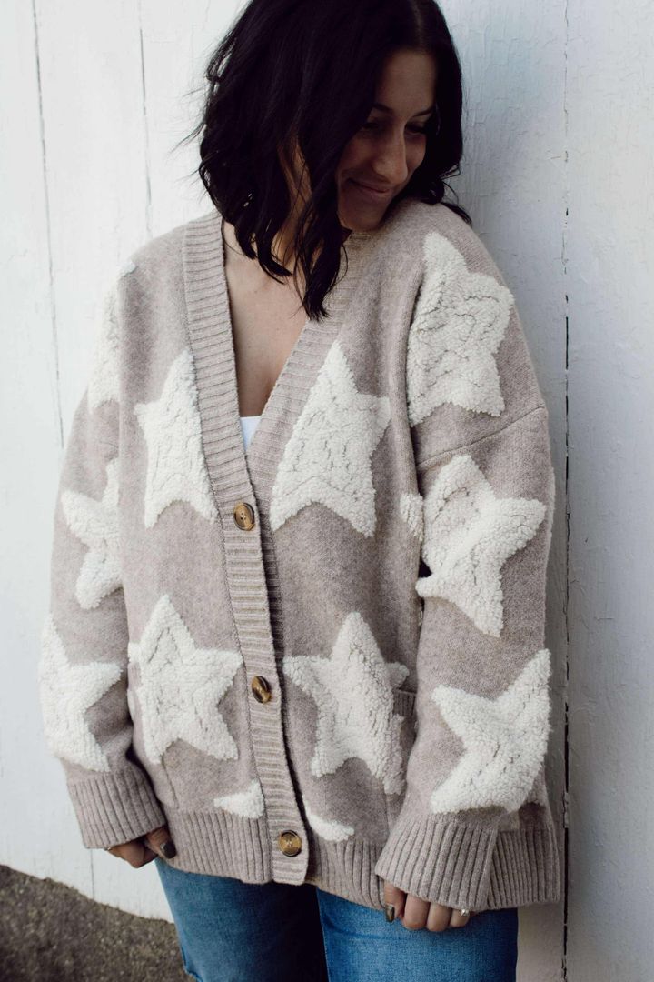 Khaki Sherpa Star Pattern Cardigan Sweater with Pockets