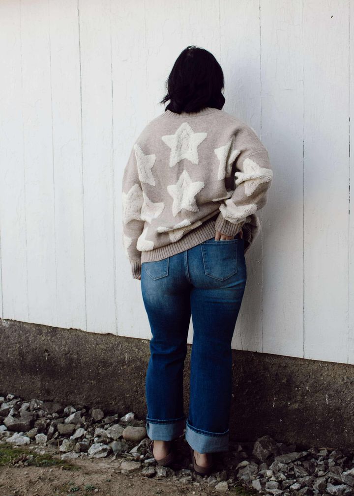 Khaki Sherpa Star Pattern Cardigan Sweater with Pockets