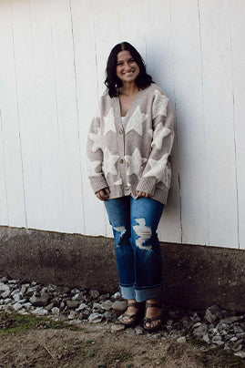 Khaki Sherpa Star Pattern Cardigan Sweater with Pockets