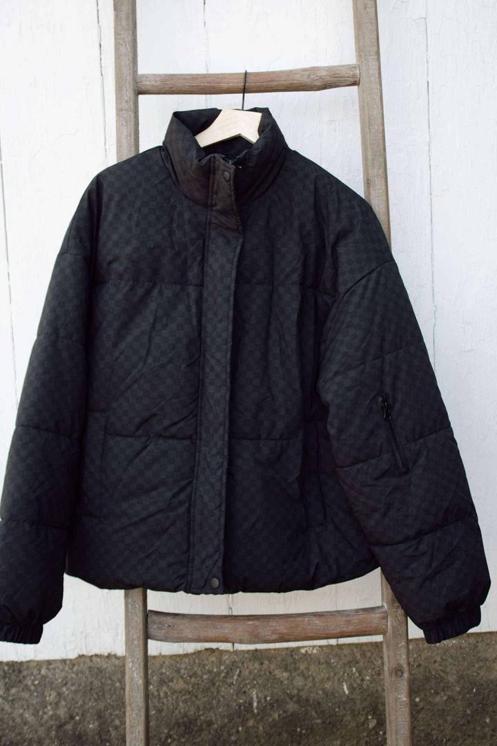 Black Checkered Zip Puffer Jacket