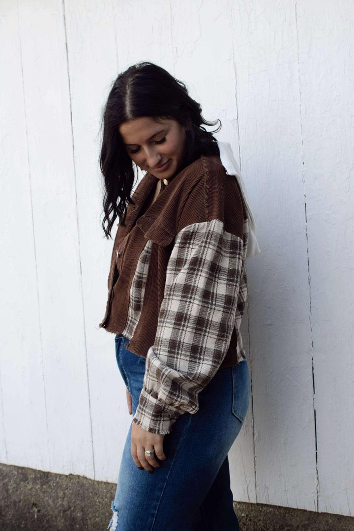 Brown Plaid Patchwork Disstressed Hooded Cropped Jacket