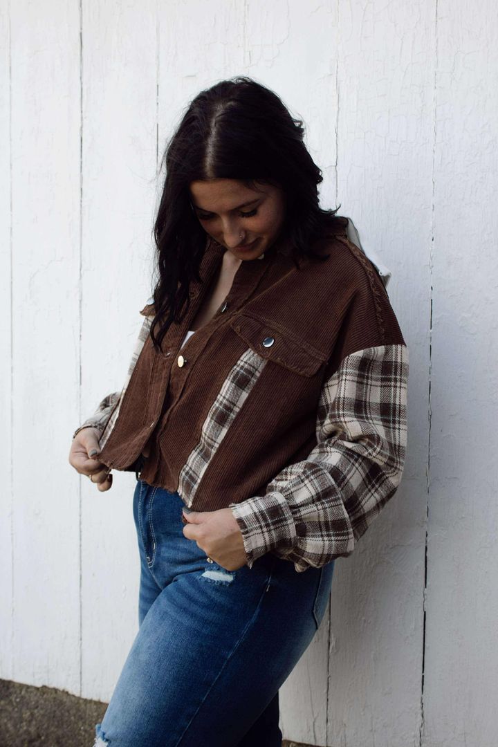 Brown Plaid Patchwork Disstressed Hooded Cropped Jacket