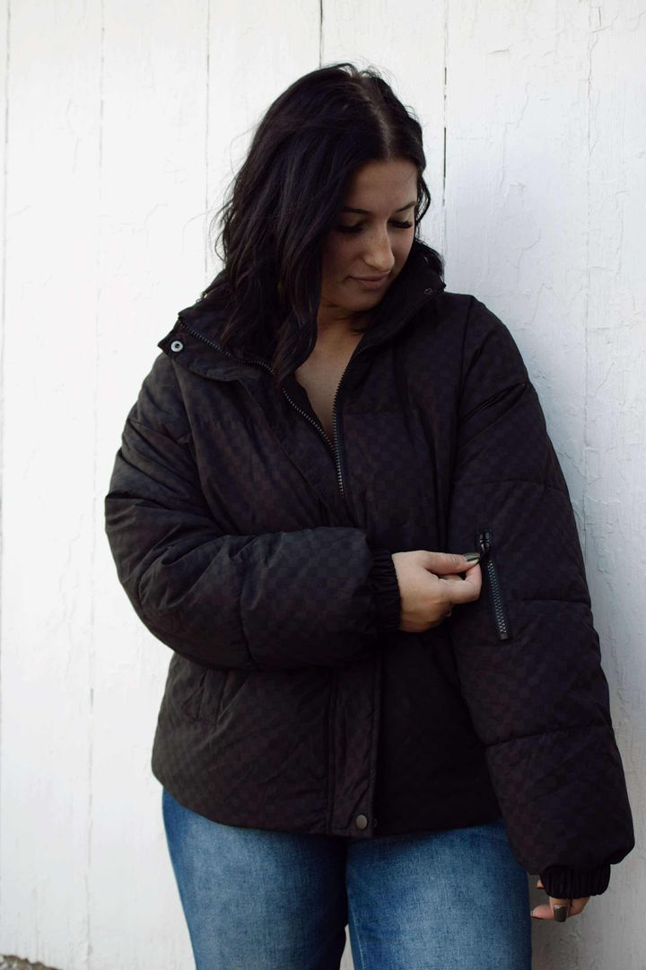 Black Checkered Zip Puffer Jacket