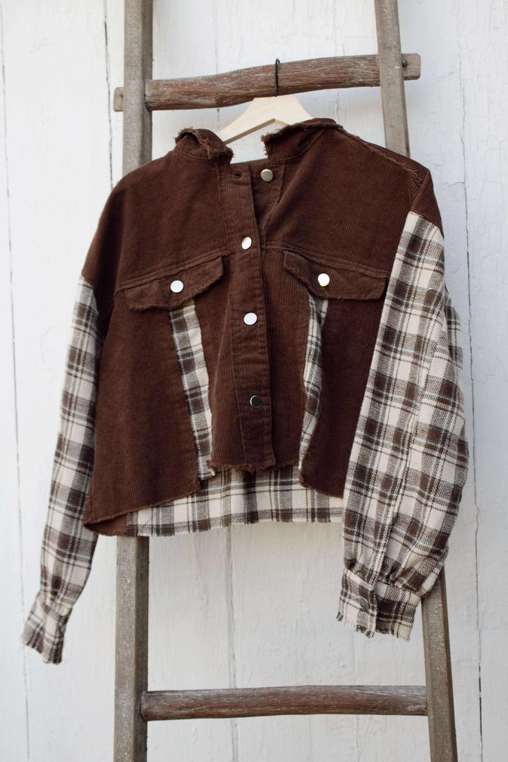 Brown Plaid Patchwork Disstressed Hooded Cropped Jacket