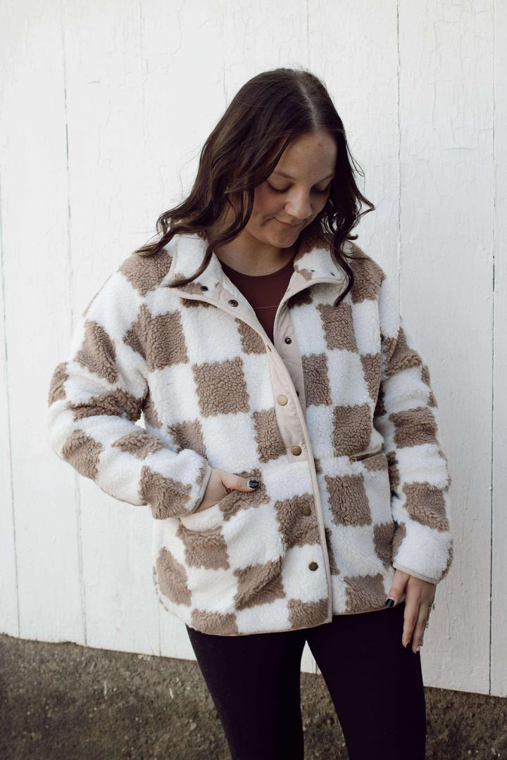 Brown Checkered Snap Button Sherpa Jacket