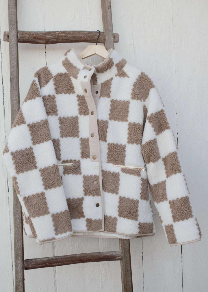 Brown Checkered Snap Button Sherpa Jacket