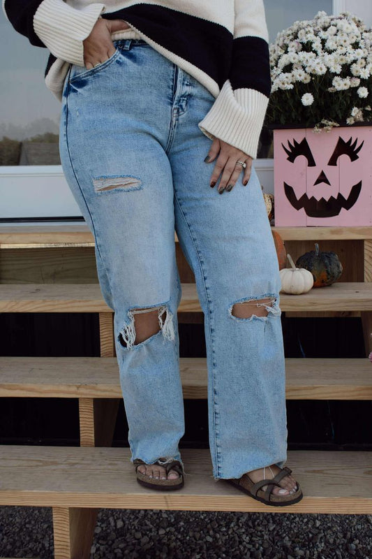 Light Blue Distressed Ripped Straight leg Jeans